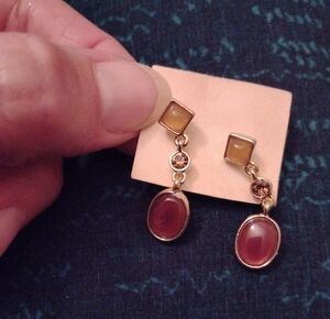 Elegant Silver Gold Brown Amber Stones Purple Crystals Dangle Stud Earrings